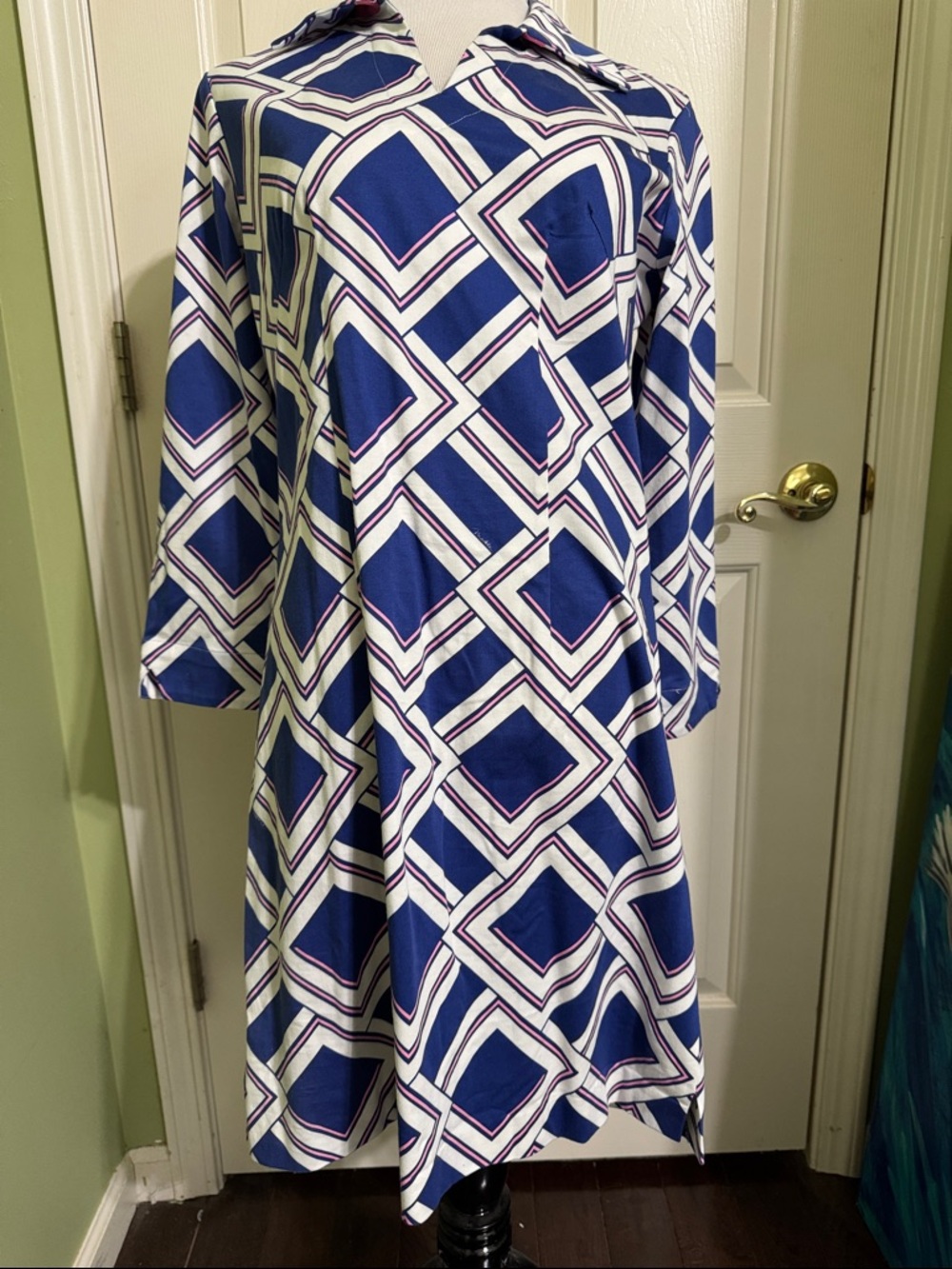 Melly M Navy and White Geometric Long-Sleeve Dress